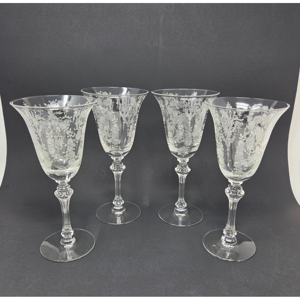 Set 4 VTG Tiffin-Franciscan Cherokee Rose Pattern Water Goblets 8" Etched